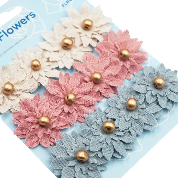 Canvas Flowers with Gold Embellishment Assorted Pink Blue Ivory
