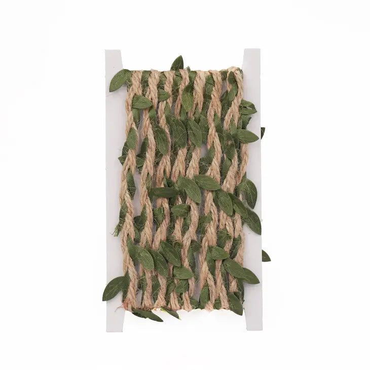 Twine Garland Ribbon Light Brown with Green Leaves