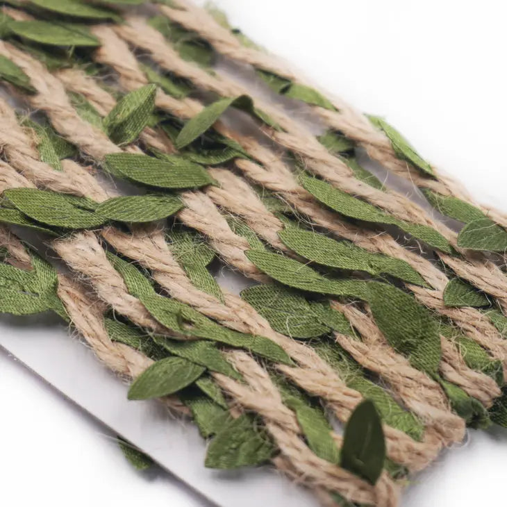 Jute Garland Ribbon Light Brown with Green Leaves