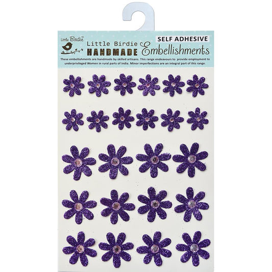 Little Birdie Purple Glitter Jeweled Florets Flower Stickers