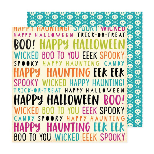 Word Page and Skulls Happy Halloween 12x12 Scrapbook Pattern Paper Double Sided - American Crafts