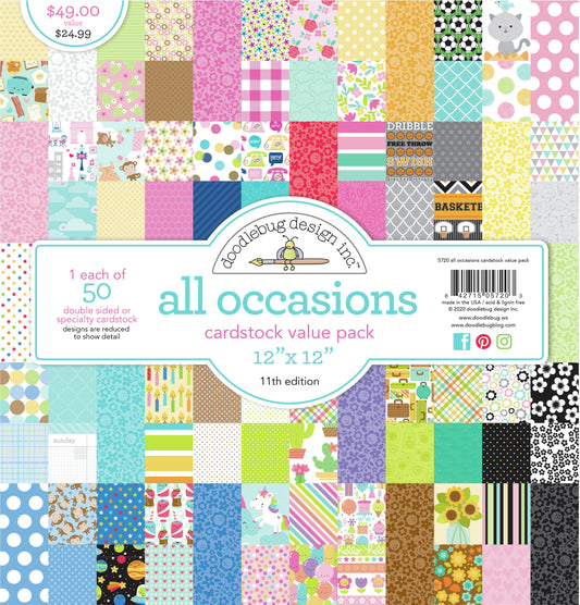 Doodlebug Designs All Occasions 12x12 Carstock Value Pack Scrapbook Paper