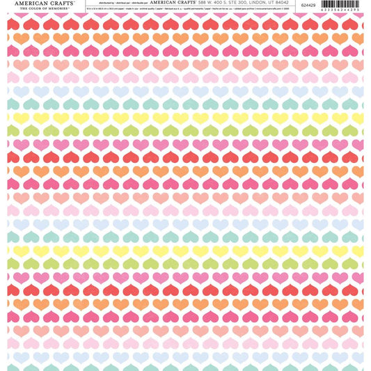 Rainbow Heart Lines Single Sided 12x12 Scrapbook Paper American Crafts